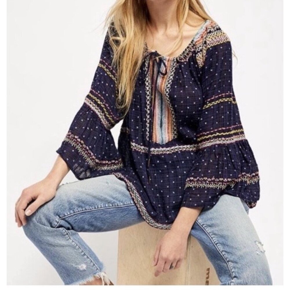 FREE PEOPLE Talia Embroidered Blouse Colorful Boho Oversized Size Medium Women’s